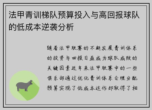 法甲青训梯队预算投入与高回报球队的低成本逆袭分析