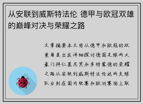 从安联到威斯特法伦 德甲与欧冠双雄的巅峰对决与荣耀之路