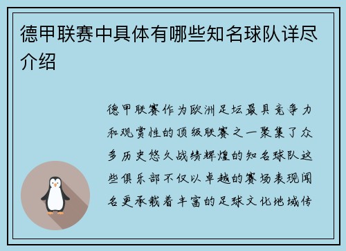 德甲联赛中具体有哪些知名球队详尽介绍